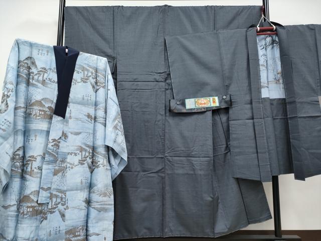 平和屋着物●極上 男性 本場大島紬 アンサンブル・長襦袢セット 格子柄 証紙付き 逸品 未使用 CYAA4530s6