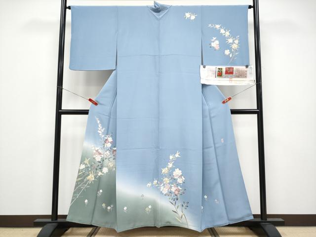 平和屋着物●極上 本加賀友禅作家 佐藤有季子 訪問着 枝花文 暈し染め 三越扱い 証紙付き 青藤色地 逸品 CYAA4551s6