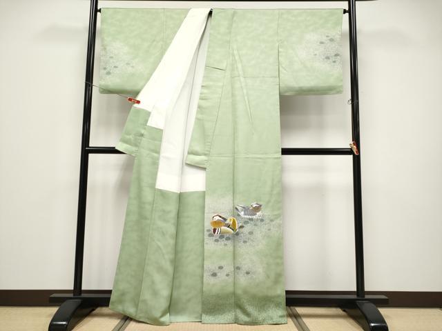 平和屋本店●極上 人間国宝・羽田登喜男 訪問着 鴛鴦 金銀彩 若葉色地 逸品 未使用 CYAA4578s6