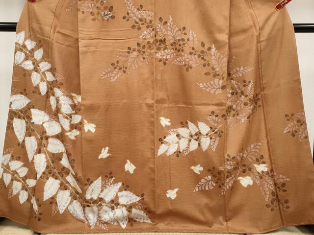 平和屋本店●超希少 型絵染染色家 鈴木紀絵 訪問着 紬地 手描き 花鳥文 渋紙色地 逸品 未使用 CYAA4579s6