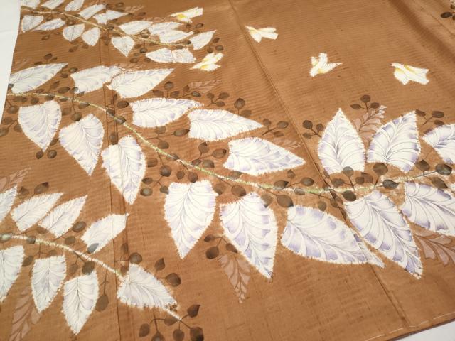 平和屋本店●超希少 型絵染染色家 鈴木紀絵 訪問着 紬地 手描き 花鳥文 渋紙色地 逸品 未使用 CYAA4579s6