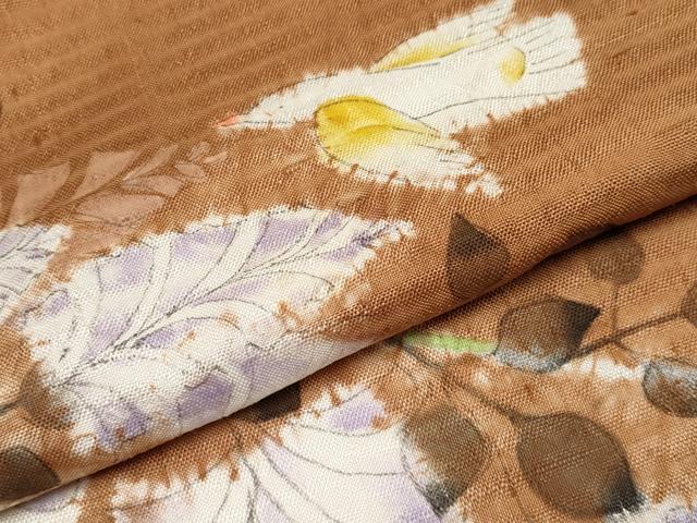 平和屋本店●超希少 型絵染染色家 鈴木紀絵 訪問着 紬地 手描き 花鳥文 渋紙色地 逸品 未使用 CYAA4579s6