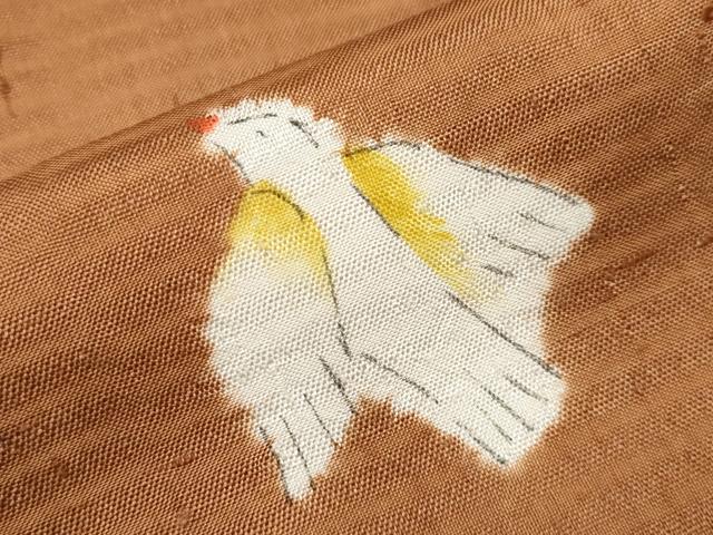 平和屋本店●超希少 型絵染染色家 鈴木紀絵 訪問着 紬地 手描き 花鳥文 渋紙色地 逸品 未使用 CYAA4579s6