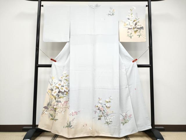 平和屋着物●極上 訪問着 友禅 作家物 枝花文 暈し染め 白梅鼠色地 逸品 CYAA4582s6