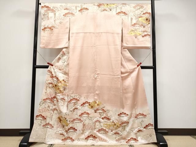 平和屋本店●極上 銀座きしや 訪問着 駒刺繍 扇面花文 暈し染め 金彩 水柿色地 逸品 CYAA4593s6