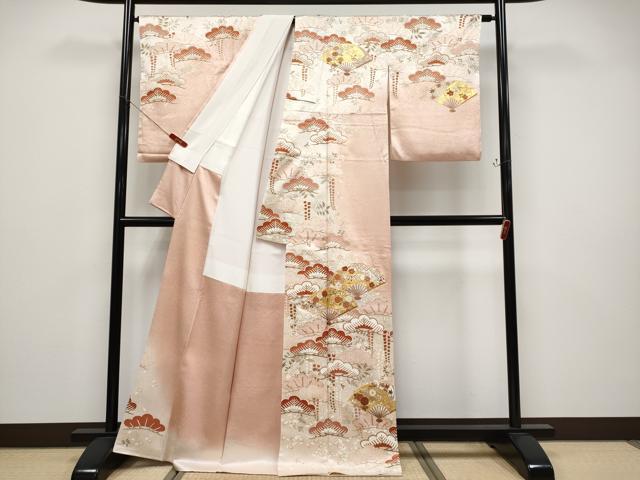 平和屋本店●極上 銀座きしや 訪問着 駒刺繍 扇面花文 暈し染め 金彩 水柿色地 逸品 CYAA4593s6