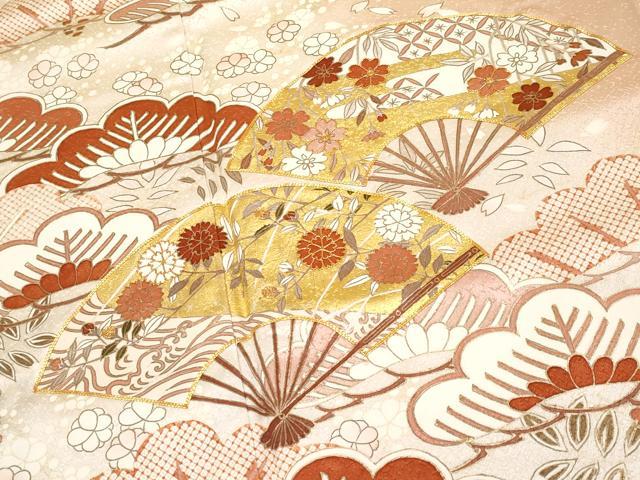 平和屋本店●極上 銀座きしや 訪問着 駒刺繍 扇面花文 暈し染め 金彩 水柿色地 逸品 CYAA4593s6