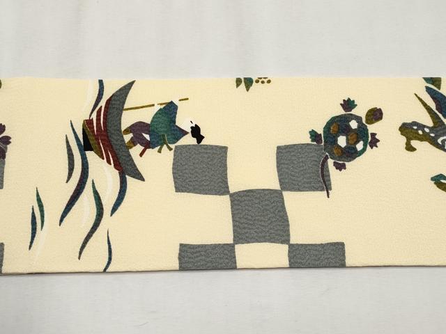 平和屋着物●極上 全通柄 九寸名古屋帯 日本昔話 浅黄色地 逸品 未使用 CYAA4612s6