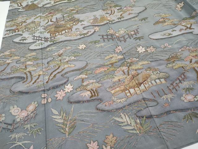 平和屋着物●極上 十七代京屋林蔵 訪問着 総刺繍 御所解文 金糸 鉛色地 逸品 CYAA4620s6