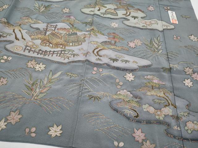 平和屋着物●極上 十七代京屋林蔵 訪問着 総刺繍 御所解文 金糸 鉛色地 逸品 CYAA4620s6