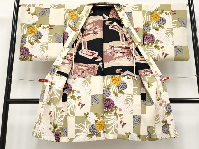平和屋本店∞極上 長羽織 乱菊市松文様 金彩 鬼しぼ縮緬 羽織紐付き 逸品 CYAA5073s6