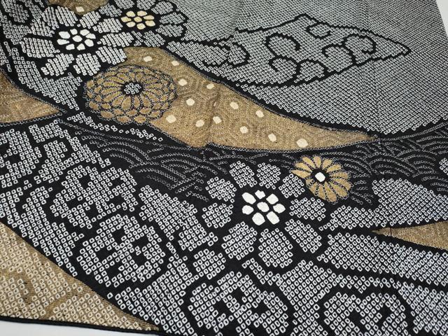 平和屋本店●極上 振袖 総絞り 束ね熨斗花文 黒地 金彩 逸品 CYAA4643s6