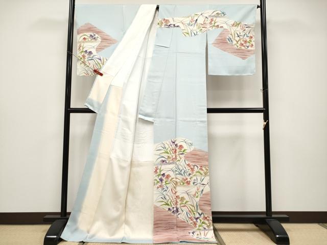 平和屋本店●極上 型絵染の人間国宝 稲垣稔次郎原画 染殿製 訪問着 草花文 藍白色地 逸品 未使用 CYAA4651s6