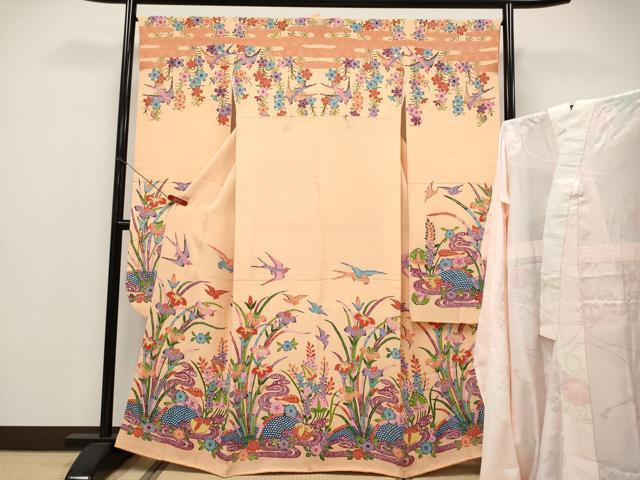 平和屋本店●極上 本場琉球紅型 振袖・長襦袢セット 紅型 花鳥文 洒落柿色地 鬼しぼ縮緬 逸品 CYAA4692s6