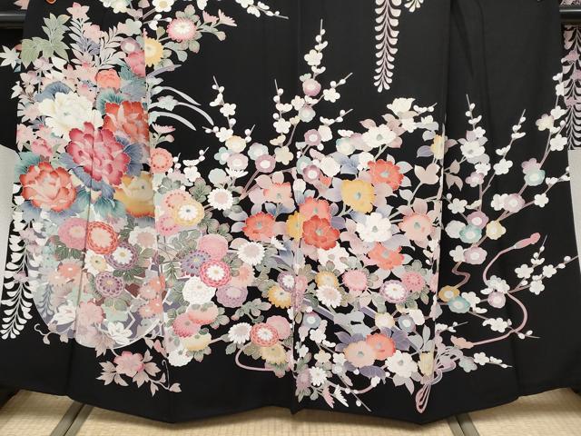 平和屋着物●極上 振袖 友禅 花車文 黒地 逸品 CYAA4720s6