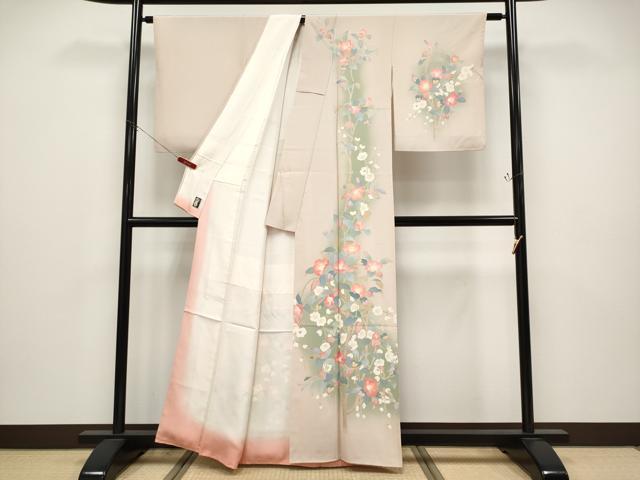 平和屋着物●極上 京加賀友禅 百貫達雄 訪問着 枝花文 暈し染め 洗柿色地 反端付き 逸品 CYAA4734s6