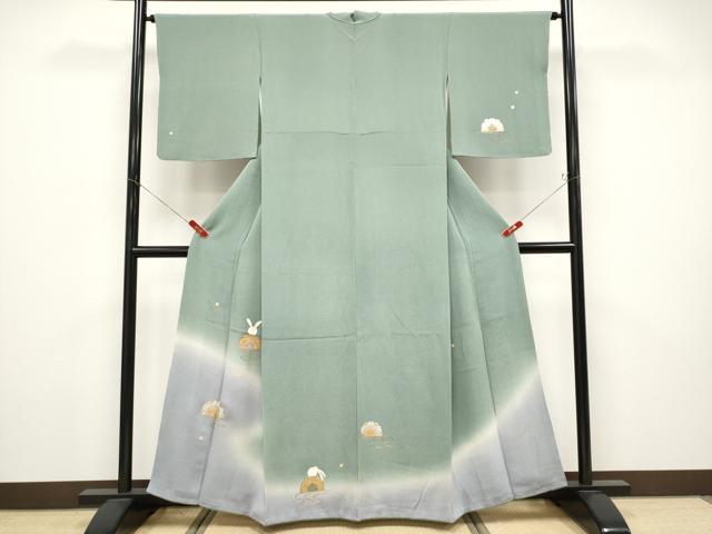 平和屋着物●極上 人形作家・ホリヒロシ 訪問着 兎 暈し染め 金銀彩 鬼しぼ縮緬 深川鼠色地 逸品 CYAA4743s6
