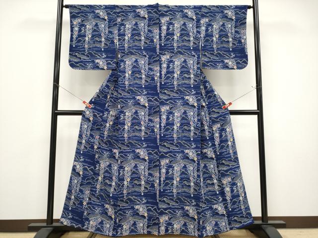 平和屋本店●極上 浦野理一 型染 小紋 松花文 鬼しぼ縮緬 濃藍色地 逸品 未使用 CYAA4769s6