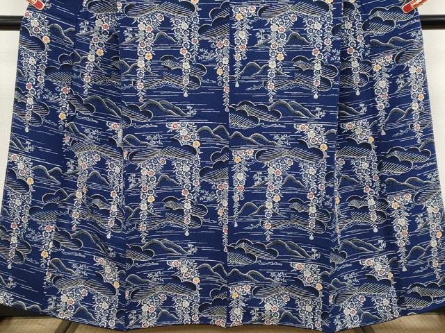 平和屋本店●極上 浦野理一 型染 小紋 松花文 鬼しぼ縮緬 濃藍色地 逸品 未使用 CYAA4769s6