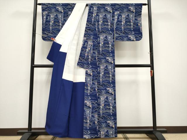 平和屋本店●極上 浦野理一 型染 小紋 松花文 鬼しぼ縮緬 濃藍色地 逸品 未使用 CYAA4769s6
