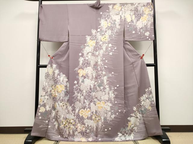平和屋着物●極上 訪問着 刺繍 蔦の葉花文 金彩 葡萄鼠色地 逸品 CYAA4782s6