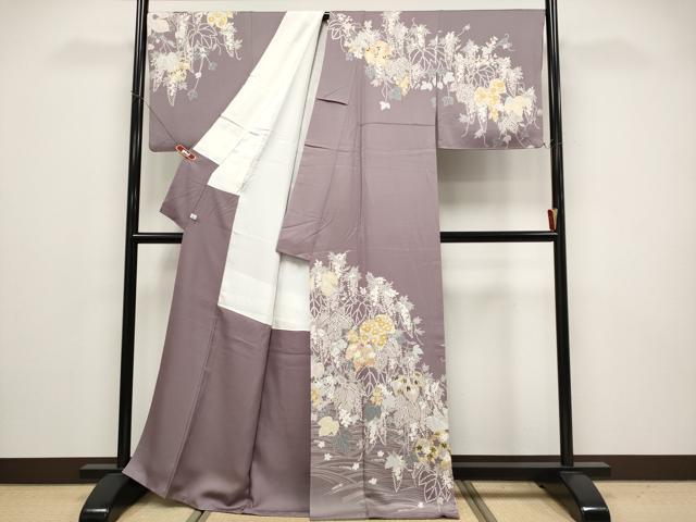平和屋着物●極上 訪問着 刺繍 蔦の葉花文 金彩 葡萄鼠色地 逸品 CYAA4782s6