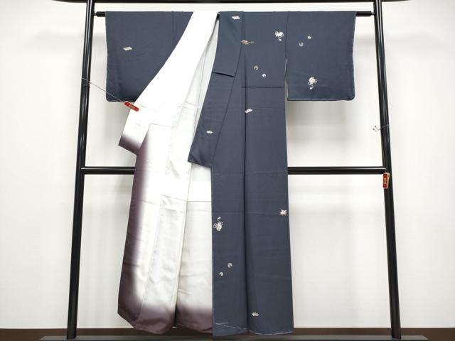 平和屋着物●極上 小紋 総刺繍 宝尽くし 金銀糸 青褐色地 反端付き 逸品 未使用 CYAA4798s6