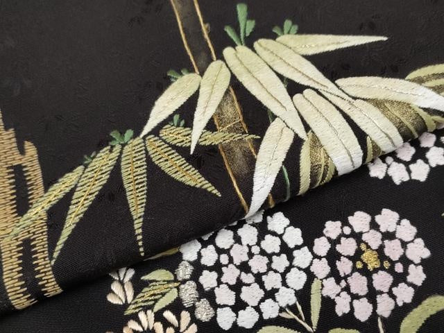 平和屋本店●極上 中国三大刺繍 相良刺繍 総刺繍 訪問着 枝花文 黒地 金糸 逸品 CYAA4821s6