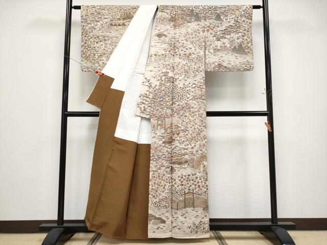 平和屋本店●極上 中国三大刺繍 相良刺繍 総刺繍 訪問着 ぜんまい紬 御所解文 肌色地 逸品 CYAA4838s6