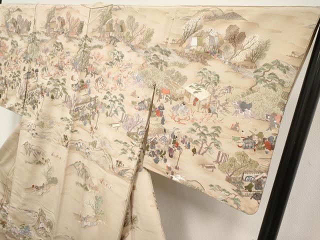 平和屋着物●極上 中国三大刺繍 相良刺繍 総刺繍 訪問着 人物風景文 肌色地 逸品 CYAA4840s6