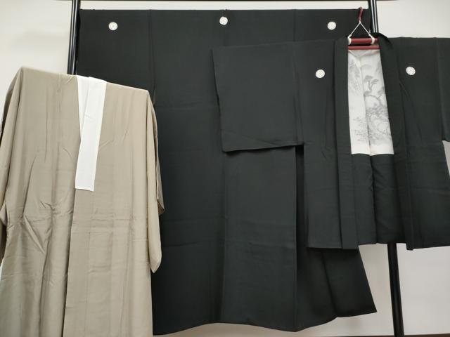 平和屋着物●極上 男性 黒紋付 羽織・長襦袢セット 羽裏:風景文 長襦袢:空五倍子色地 逸品 CYAA4846s6