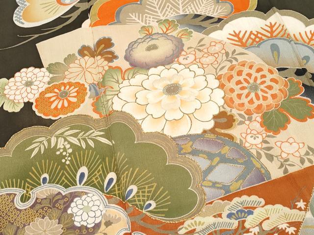 平和屋本店●極上 アンティーク 大正ロマン 振袖 駒刺繍 立波御所車枝花文 暈し染め 黒地 金彩 逸品 CYAA4862s6