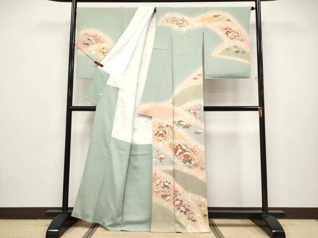 平和屋本店●極上 創業460年・千總 訪問着 駒刺繍 枝花文 暈し染め 金彩 柳鼠色地 逸品 CYAA4867s6