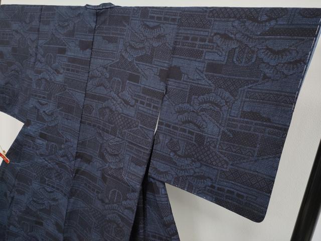 平和屋着物●極上 本場結城紬 重要無形文化財 100亀甲 風景松文 濃紺地 証紙付き 逸品 未使用 CYAA4892s6