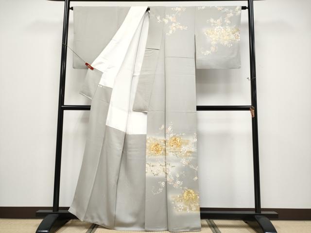 平和屋本店●極上 訪問着 駒刺繍 更紗花唐草文 暈し染め 金彩 茶鼠色地 逸品 CYAA4897s6