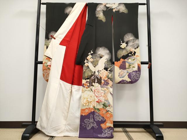 平和屋本店●極上 アンティーク 大正ロマン 中国三大刺繍 相良刺繍 振袖 飛鶴貝桶花文 黒地 逸品 CYAA4904s6