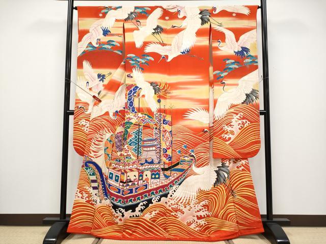 平和屋本店●極上 アンティーク 大正ロマン 振袖 刺繍 飛鶴立波船文 金彩 丹色地 逸品 CYAA4906s6