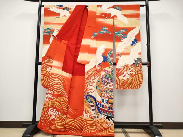 平和屋本店●極上 アンティーク 大正ロマン 振袖 刺繍 飛鶴立波船文 金彩 丹色地 逸品 CYAA4906s6
