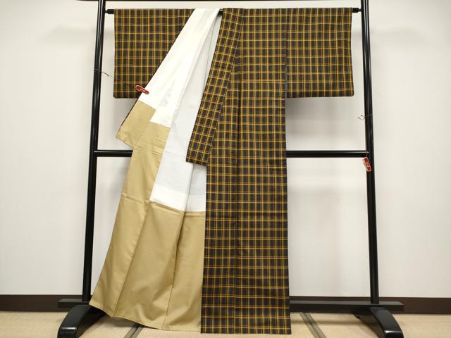 平和屋本店●極上 本場黄八丈 黒八丈 まるまなこ 紬 格子柄 逸品 CYAA4930s6