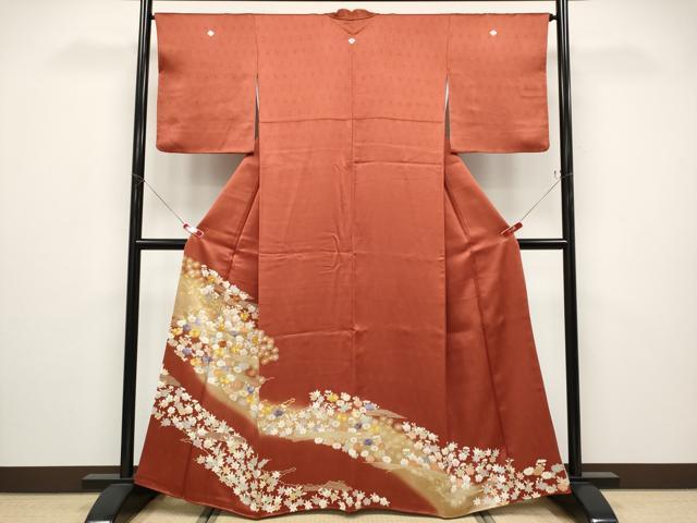平和屋着物●極上 創業460年・千總 色留袖 駒刺繍 霞枝花文 暈し染め 金彩 赤茶色地 逸品 CYAA4931s6