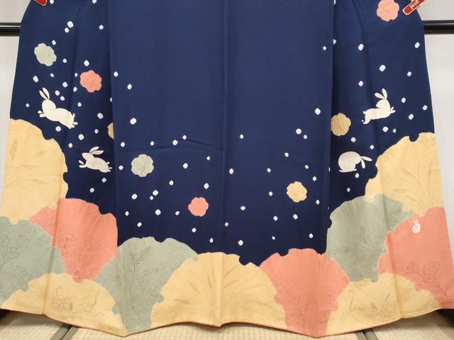 平和屋本店●極上 人形作家・ホリヒロシ 訪問着 手描き 絞り 雪輪跳兎花文 濃紺地 鈴乃屋扱い 逸品 CYAA4935s6