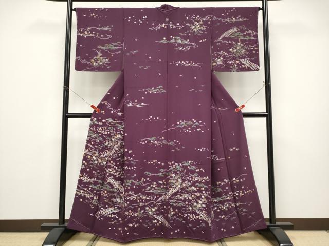 平和屋着物●極上 訪問着 総刺繍 雲取り立波枝花文 似せ紫色地 逸品 未使用 CYAA4950s6