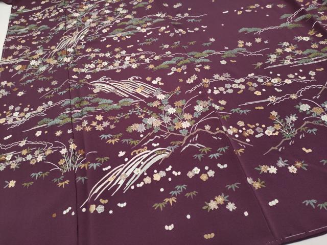 平和屋着物●極上 訪問着 総刺繍 雲取り立波枝花文 似せ紫色地 逸品 未使用 CYAA4950s6