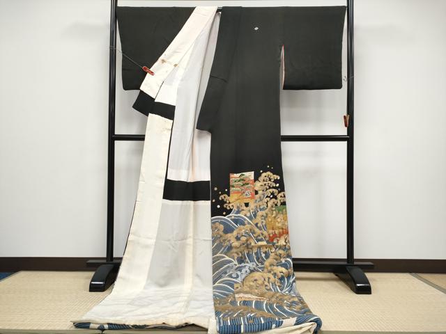 平和屋本店●極上 アンティーク 大正ロマン お引きずり・お引き摺り 黒留袖 立波色紙枝花文 金銀彩 逸品 CYAA4991s6