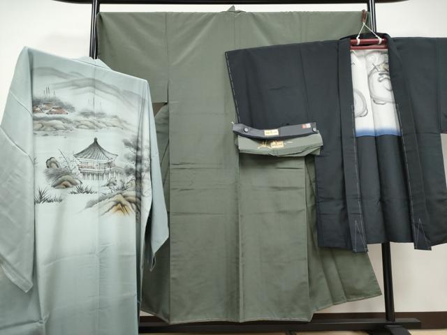 平和屋本店●極上 男性 紬・羽織・長襦袢セット 網代織 着物:藍海松茶色 羽織:黒地 反端付き 逸品 未使用 CYAA4998s6