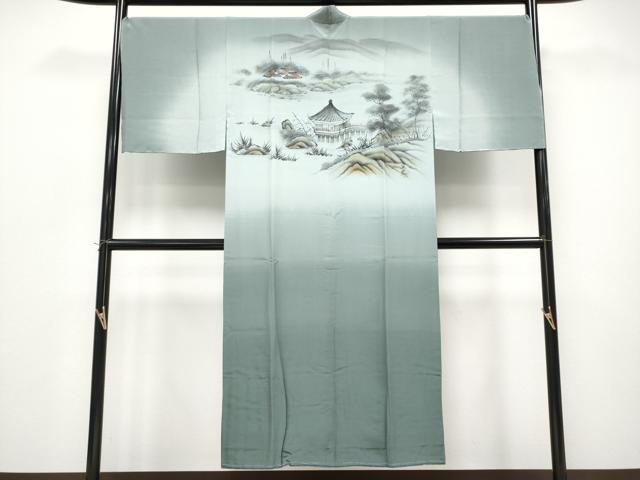 平和屋本店●極上 男性 紬・羽織・長襦袢セット 網代織 着物:藍海松茶色 羽織:黒地 反端付き 逸品 未使用 CYAA4998s6