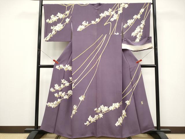 平和屋本店●極上 本加賀友禅作家 由水煌人 訪問着 枝花文 滅紫色地 反端付き 逸品 CYAA5038s6