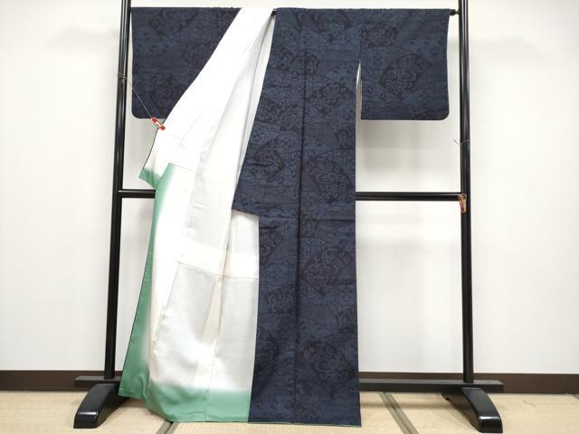 平和屋本店●極上 人間国宝 田中林次 本場結城紬 重要無形文化財 80亀甲 結織苑 切嵌花文 濃紺地 証紙・反端付 逸品 CYAA5078s6