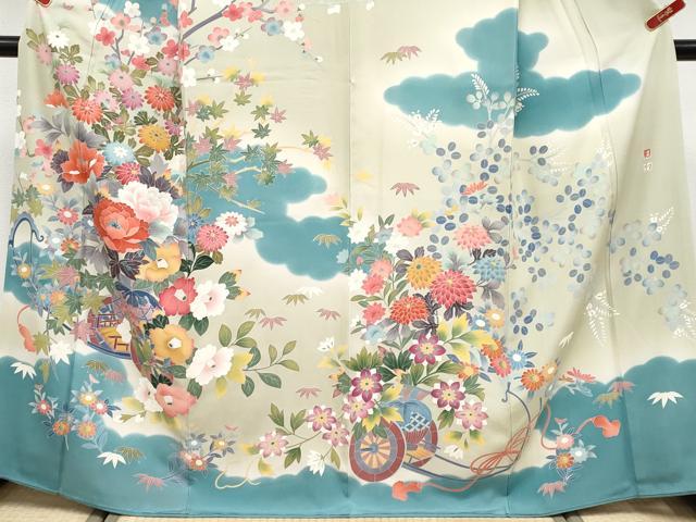 平和屋本店●極上 京加賀友禅 松本健一 訪問着 花車文 暈し染め 若芽色地 逸品 CYAA5080s6