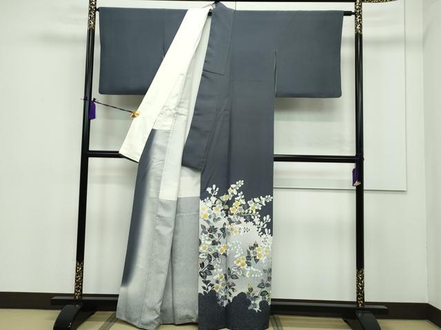 平和屋本店■極上 人間国宝・羽田登喜男 色留袖・長襦袢セット たたき染め 三越扱い 消炭色地 たとう紙・風呂敷・共箱付き 逸品 CZAA1370s5
